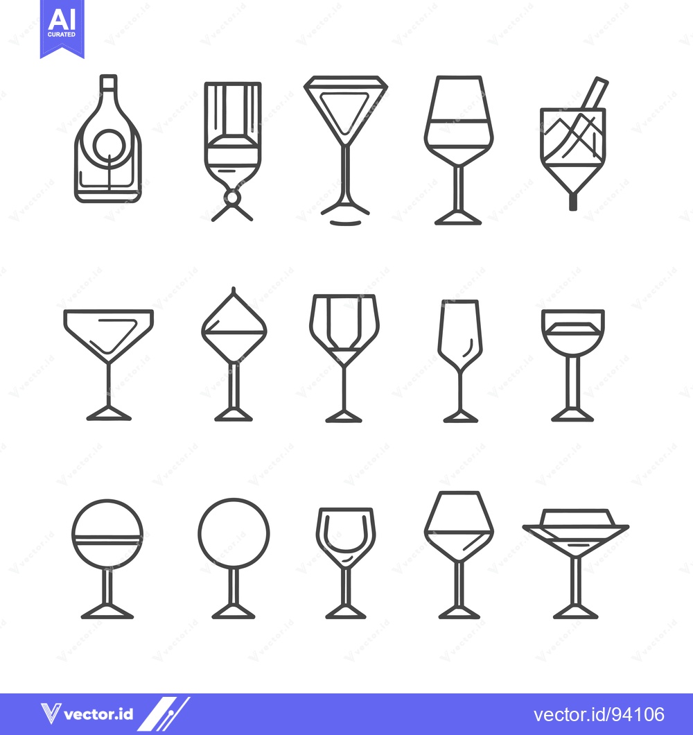 Premium Vector dari Set of 15 Wine and Cocktail Glass Outline Icons