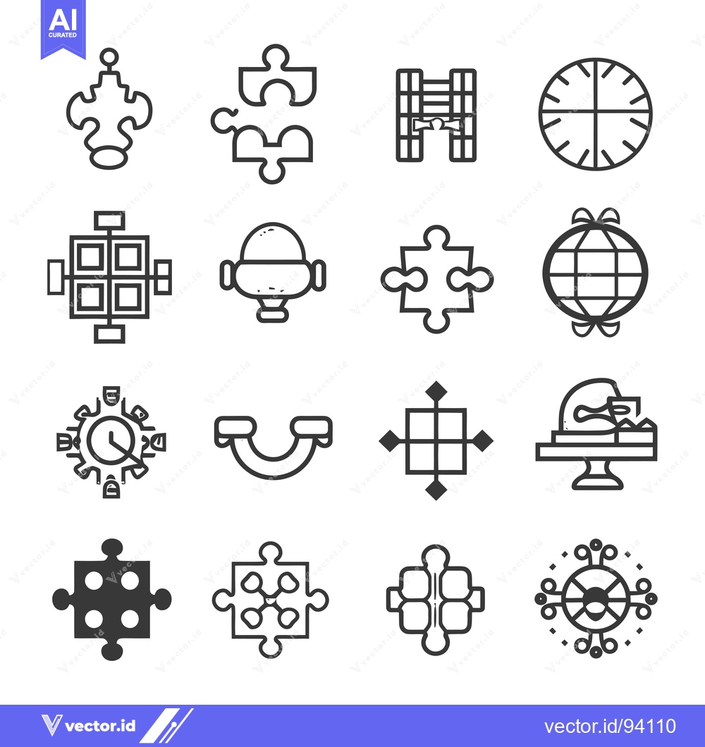 Premium Vector of Set of 16 Abstract Geometric Puzzle Icons with Shapes, Lines, and Dots