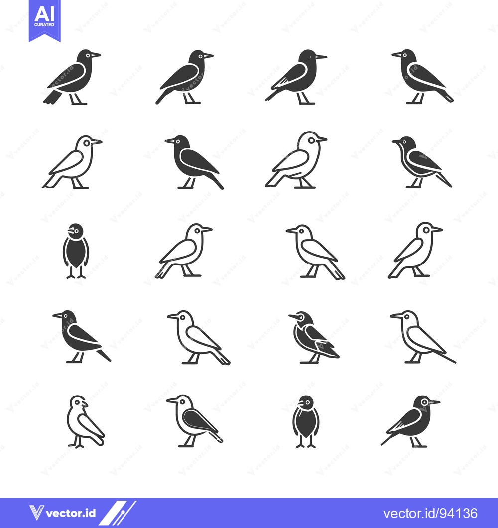 Premium Vector dari Set of 16 Bird Icons in Black and White, Side View