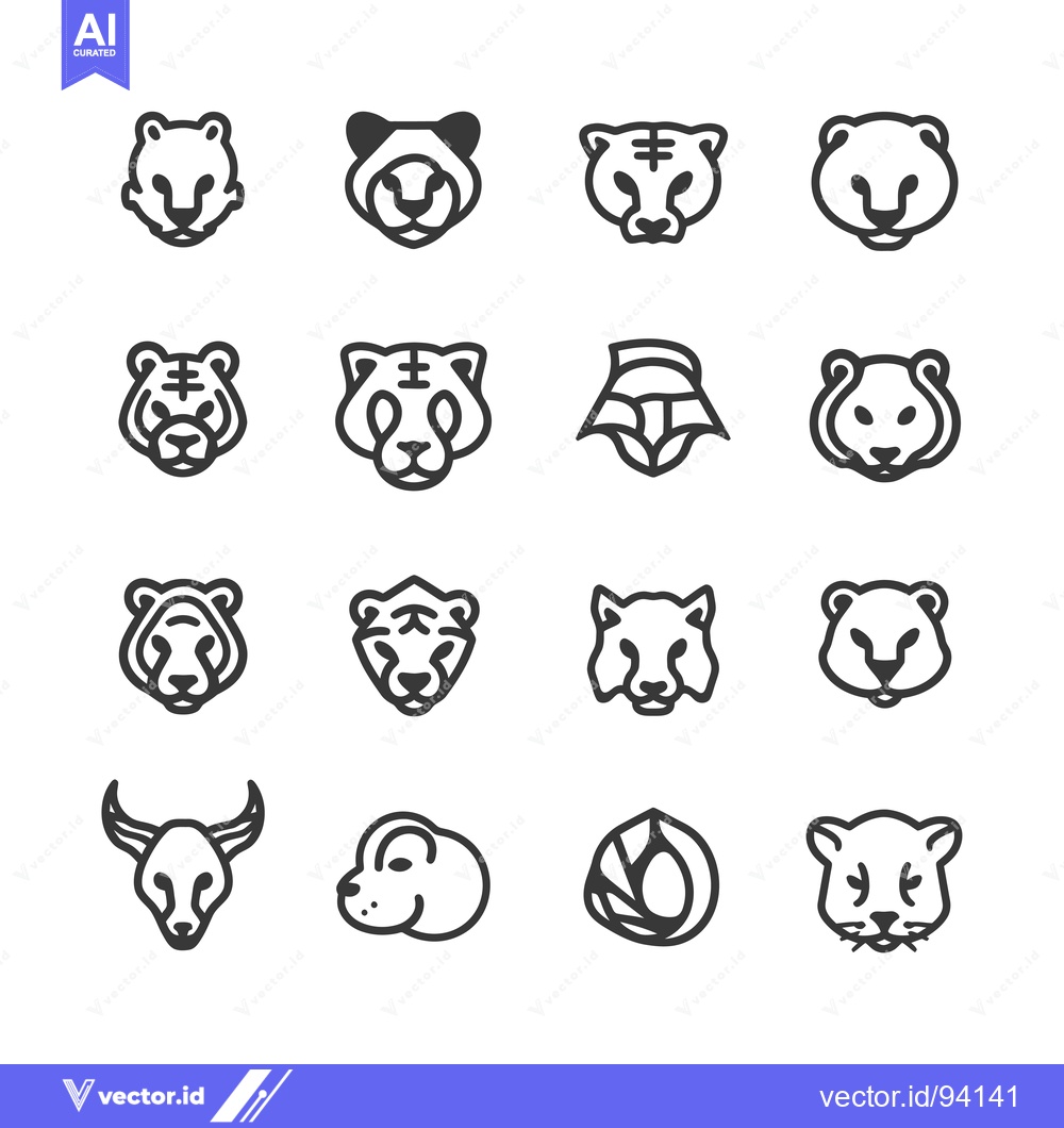 Premium Vector dari Set of 16 Black and White Animal Head Line Icons