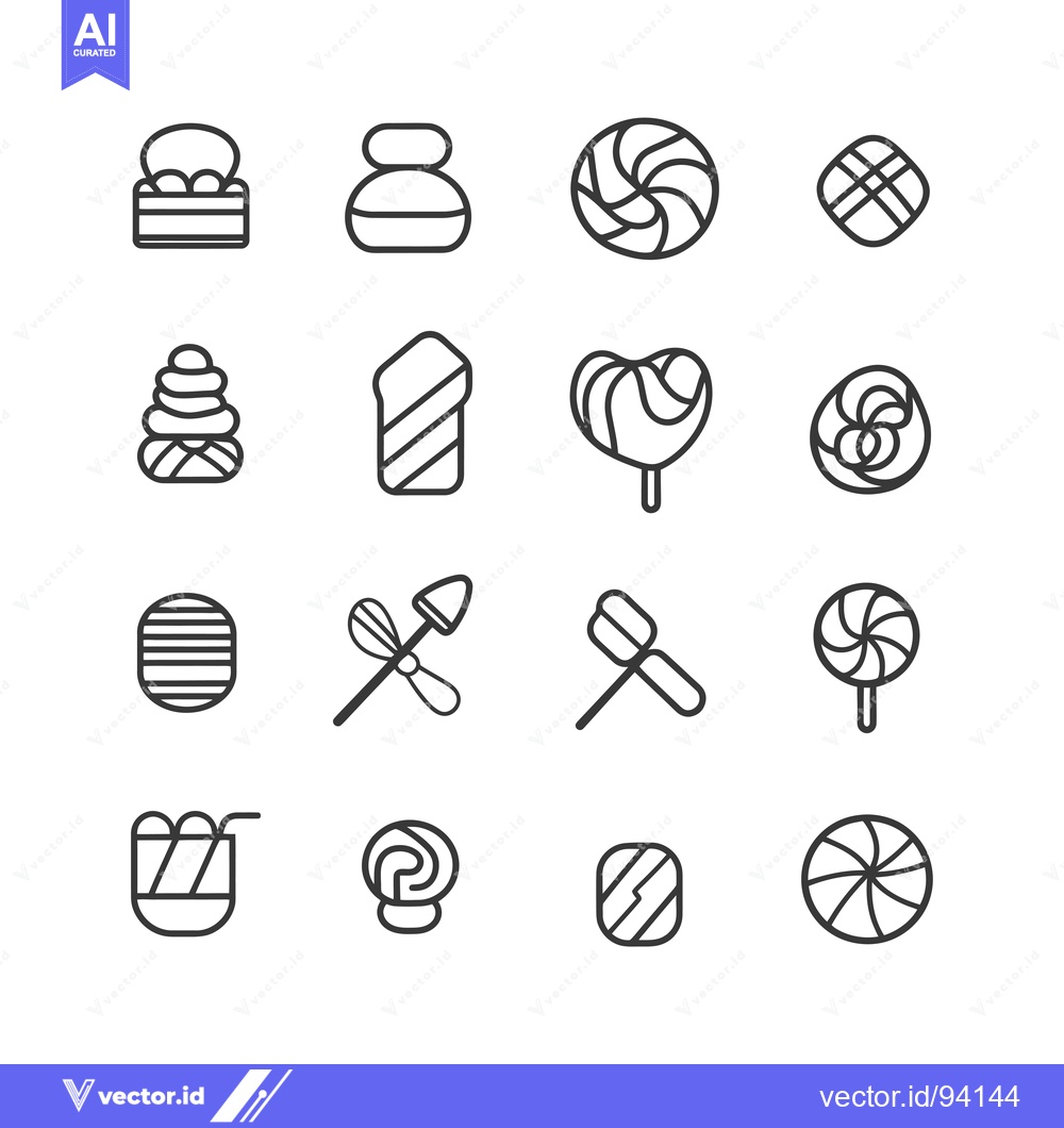 Premium Vector dari Set of 16 Black and White Candy Icon Line Art Illustrations