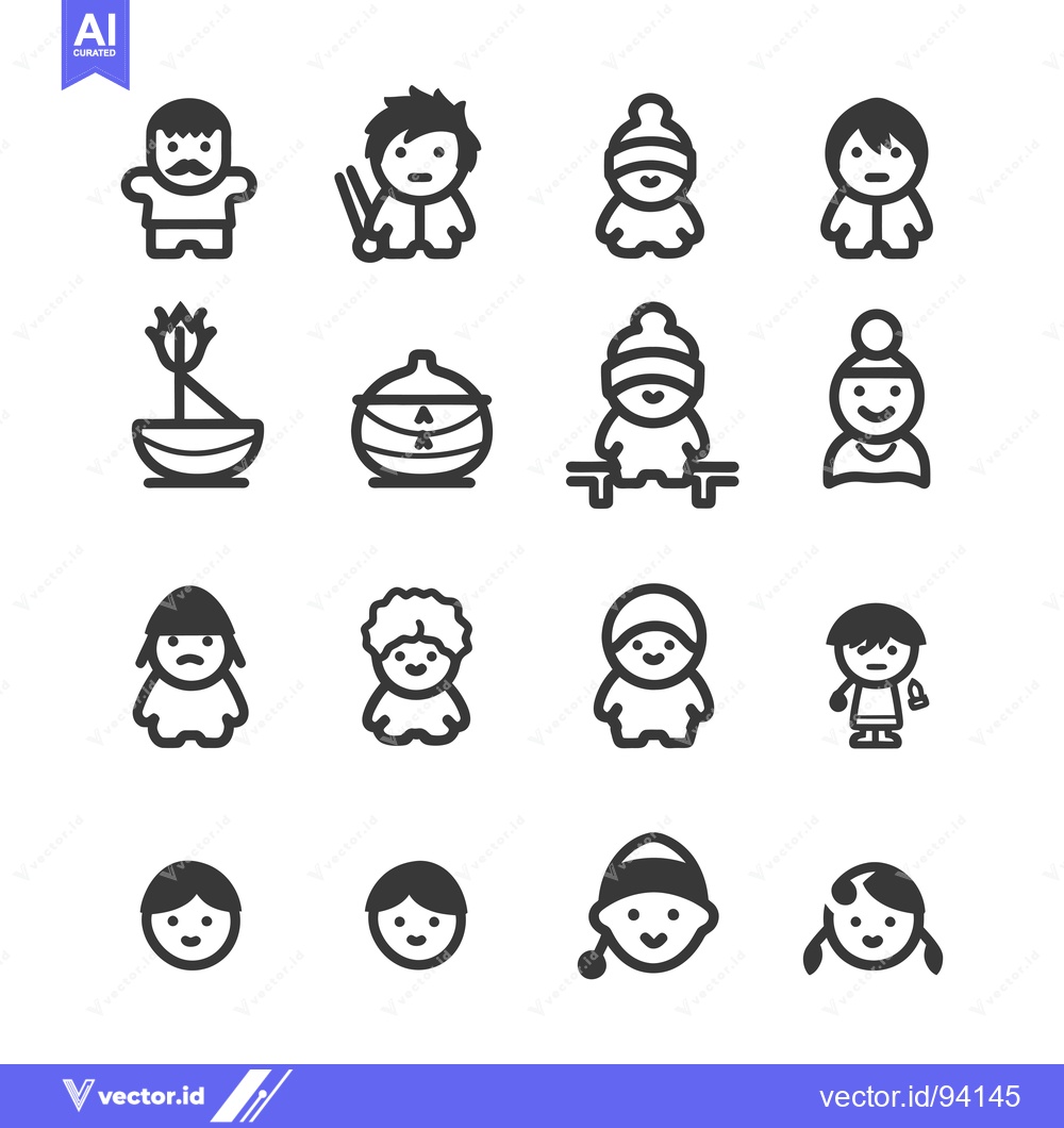Premium Vector dari Set of 16 Black and White Cartoon People Icons