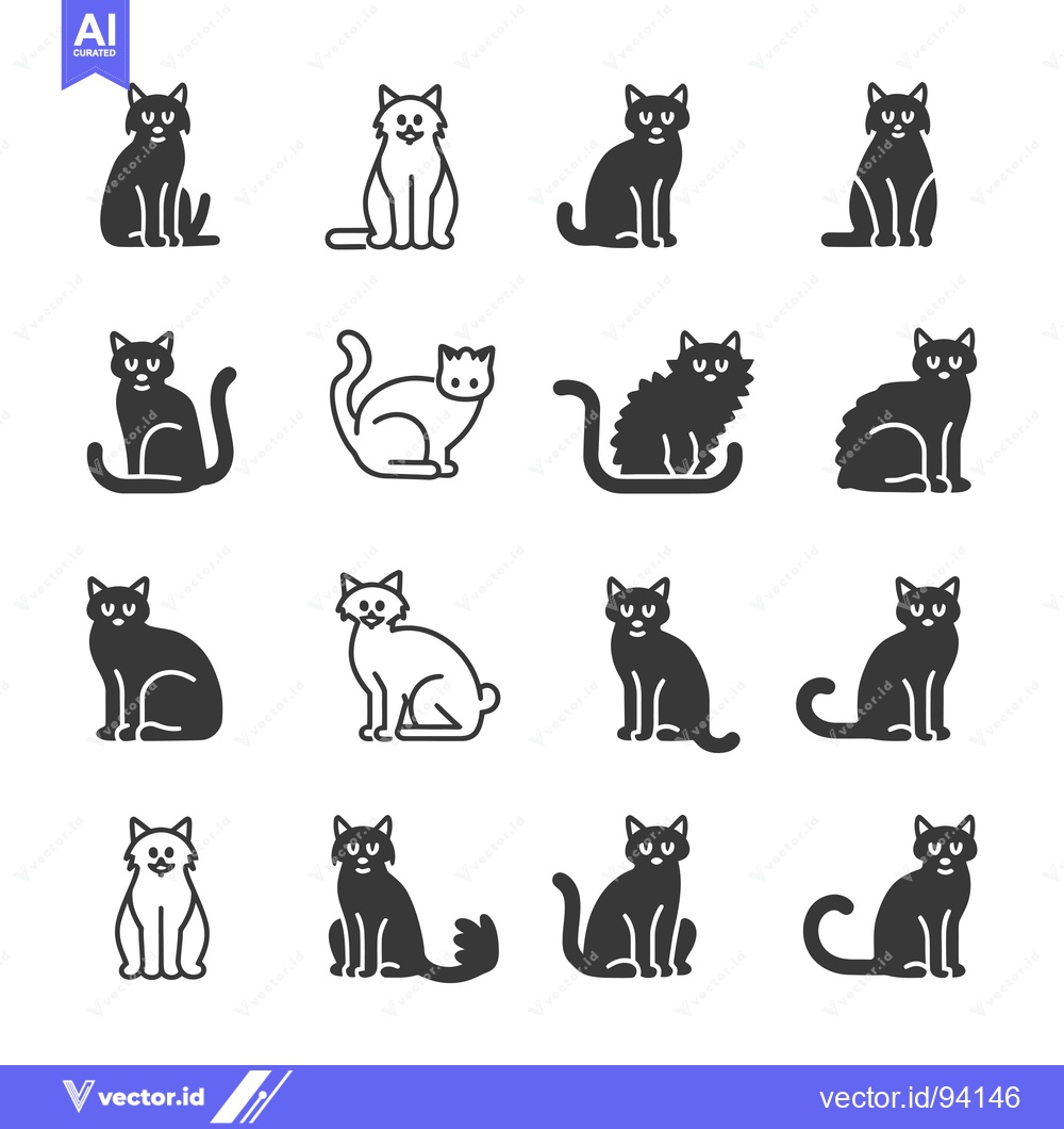 Premium Vector of Set of 16 Black and White Cat Icons in Different Poses