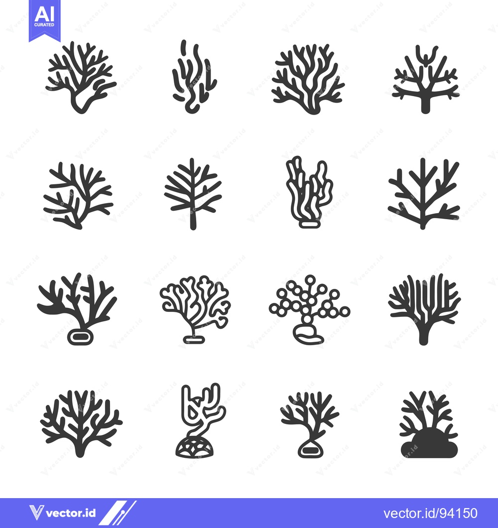 Premium Vector dari Set of 16 Black and White Coral Reef Icons