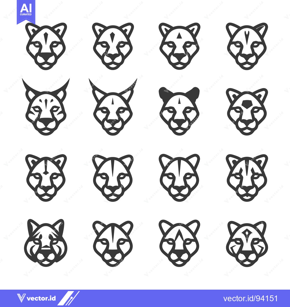 Premium Vector of Set of 16 Black and White Cougar Heads with Various Facial Markings