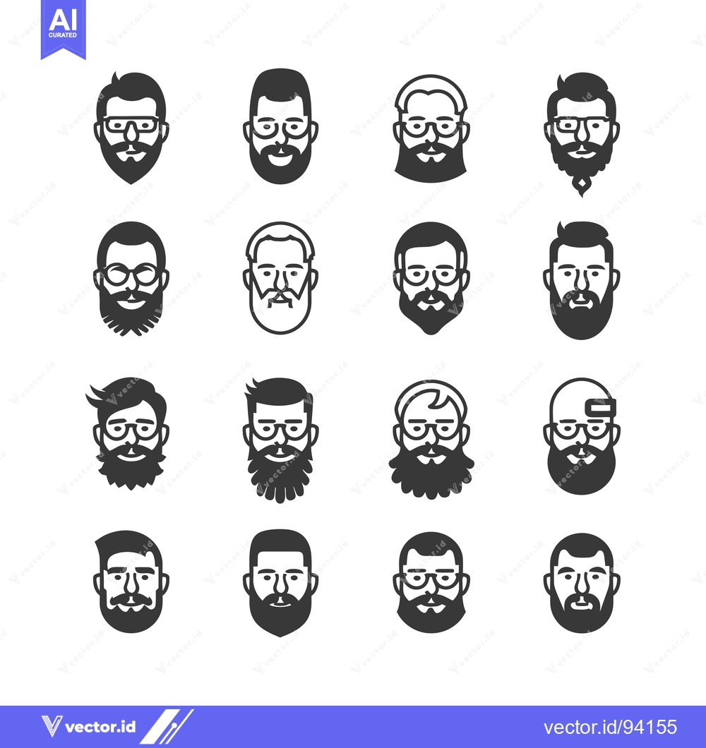 Premium Vector of Set of 16 Black and White Icons Depicting Bearded Men with Glasses
