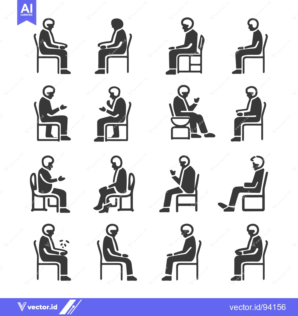 Premium Vector of Set of 16 Black and White Icons Depicting People Sitting in Different