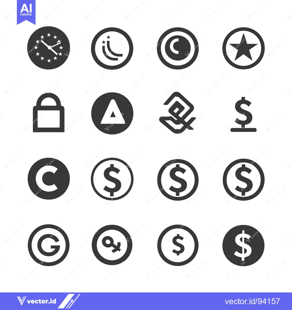 Premium Vector of Set of 16 black and white icons related to finances and legal topics