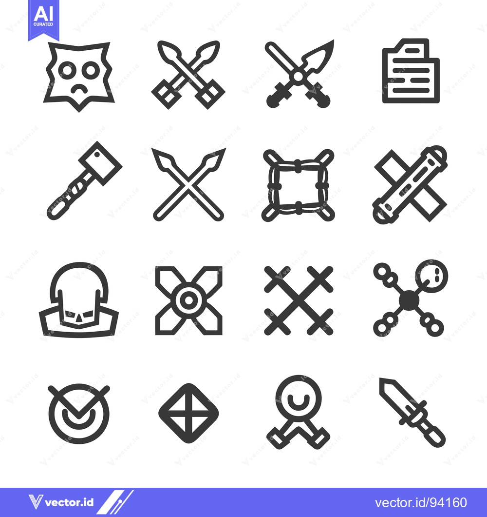 Premium Vector dari Set of 16 Black and White Linear Icons Depicting Weapons and Traps