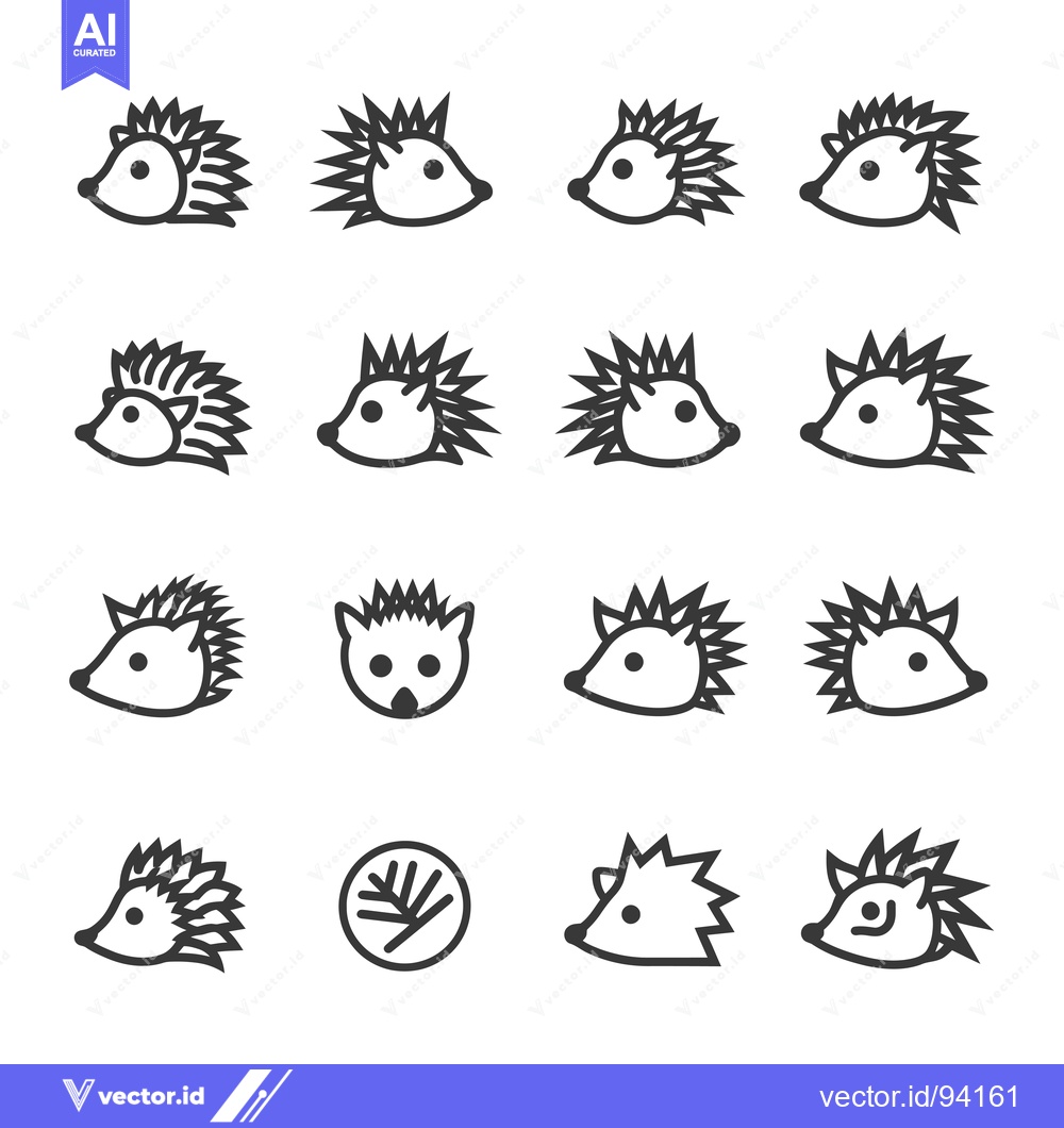 Premium Vector dari Set of 16 black and white line art hedgehog icons