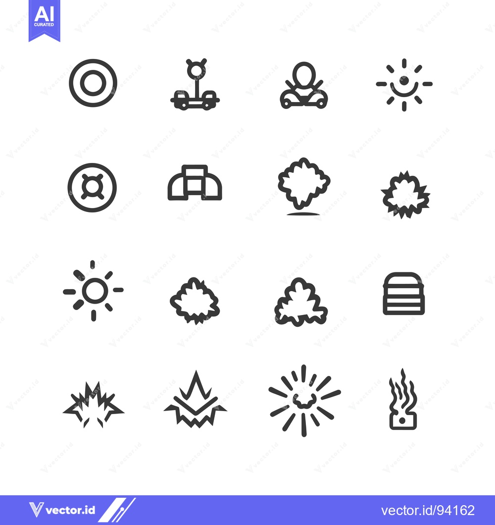 Premium Vector of Set of 16 Black and White Line Art Icons Related to Explosions, Sun, a