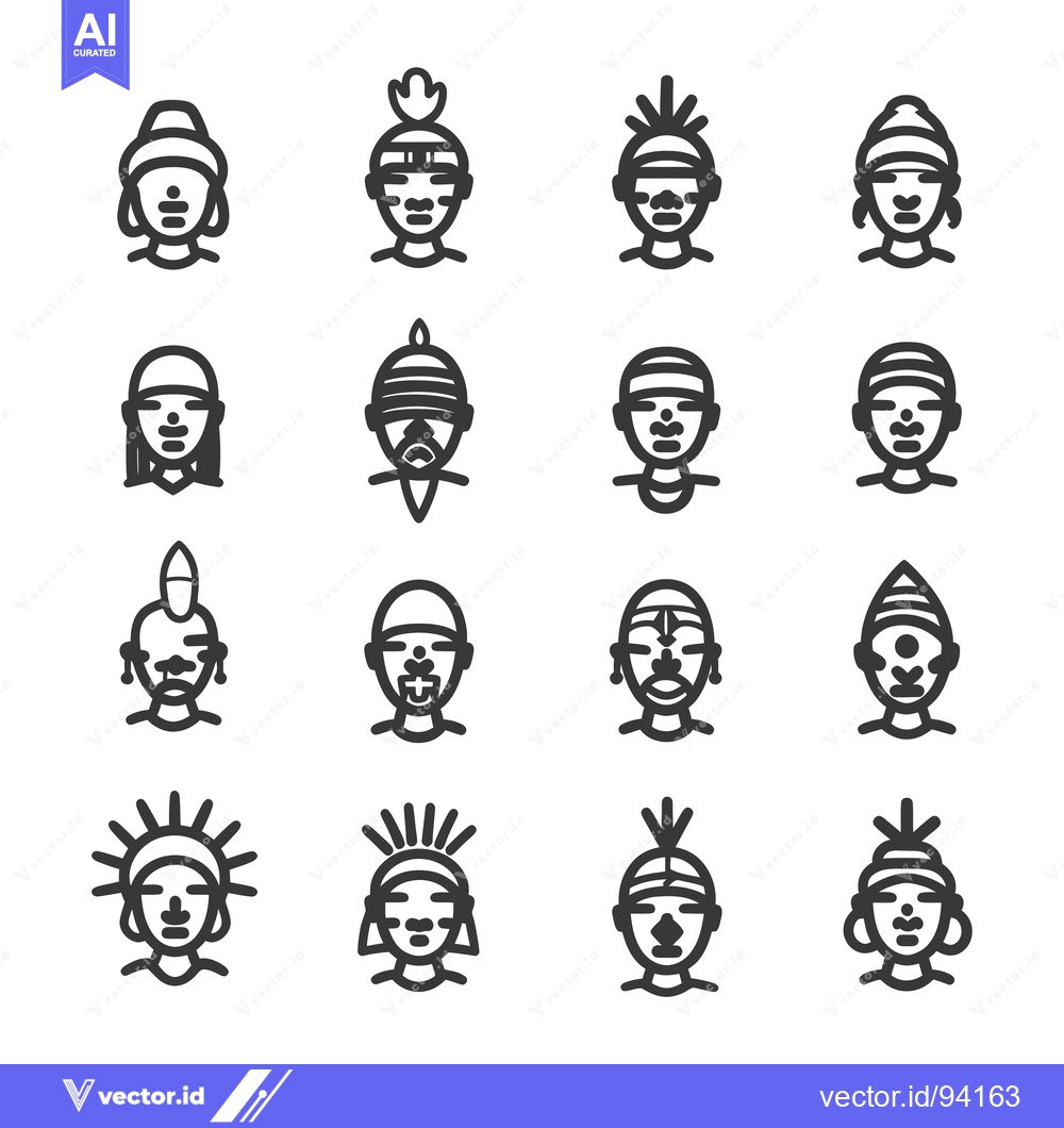 Premium Vector of Set of 16  Black and White Line Art Portraits of Native American Peopl