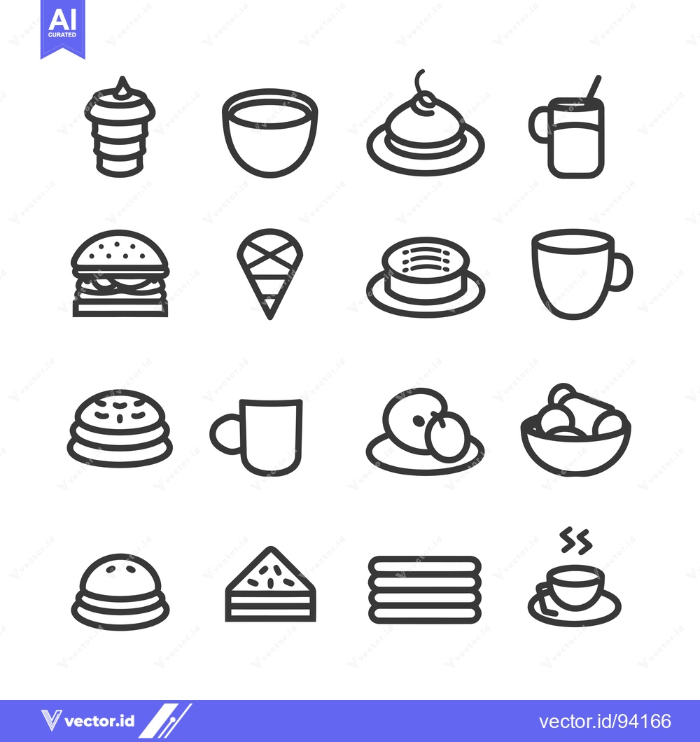 Premium Vector dari Set of 16  Black and White Line Icons of Desserts, Drinks, and Snacks