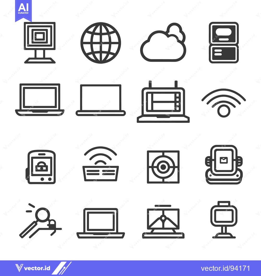 Premium Vector dari Set of 16 Black and White Line Icons Related to Technology