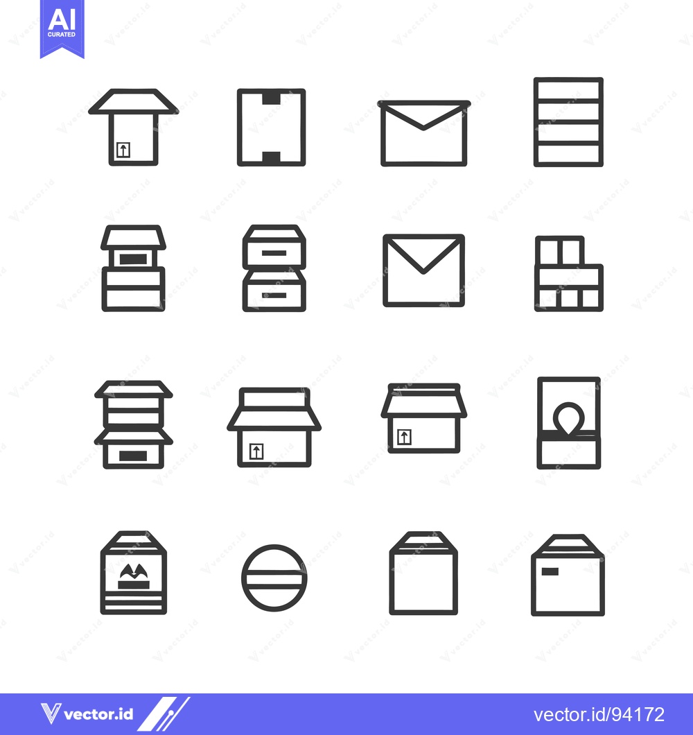 Premium Vector of Set of 16 Black and White Line Icons Representing Various Package and