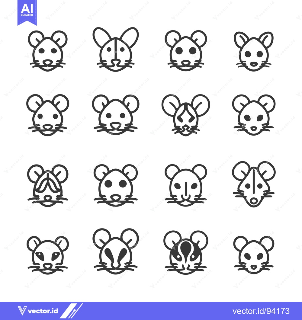 Premium Vector dari Set of 16 Black and White Mouse Head Line Icons