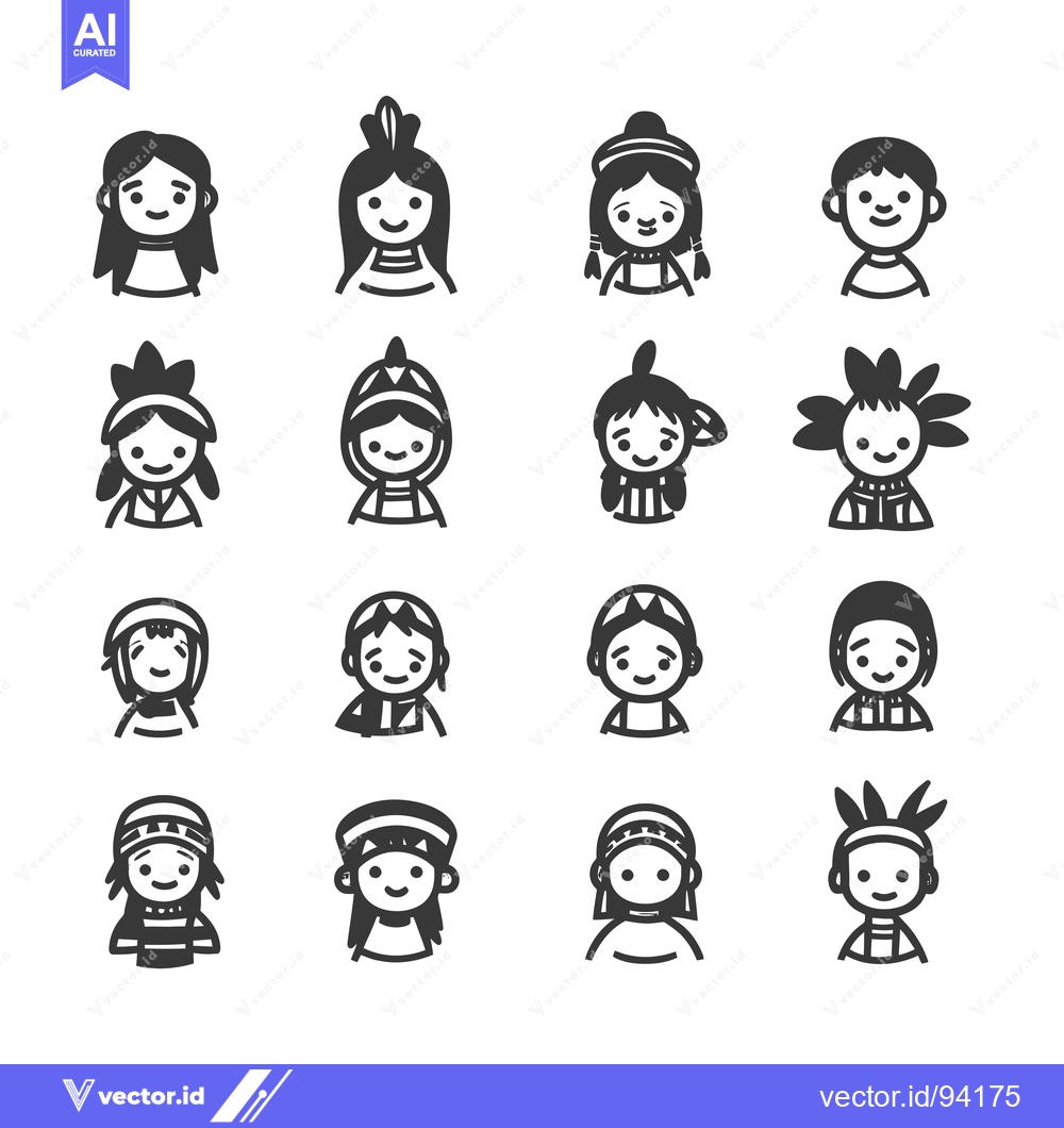 Premium Vector of Set of 16 Black and White Native American Character Icons