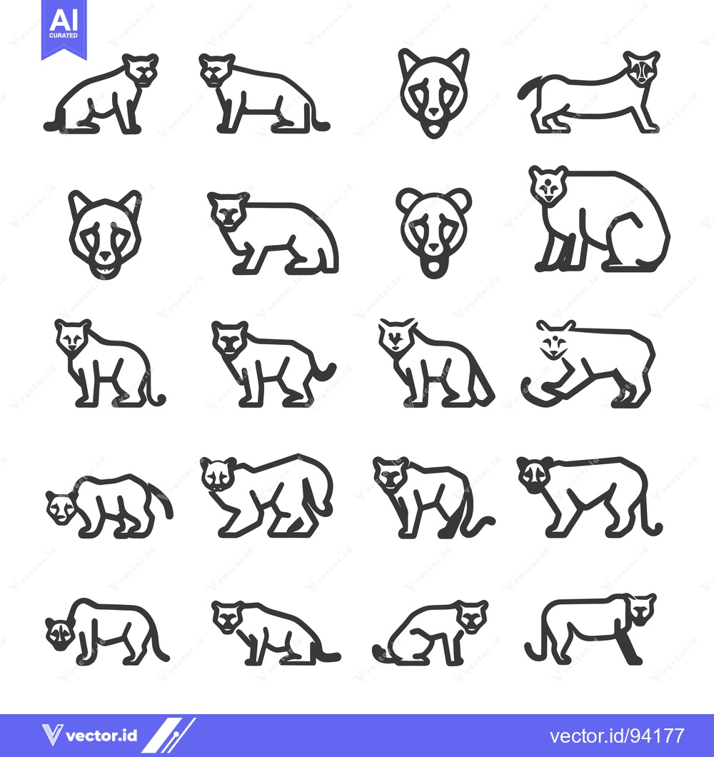 Premium Vector dari Set of 16 Black and White Outline Cougar Icons in Different Poses