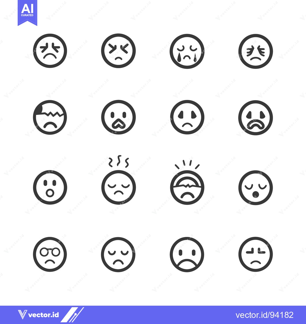Premium Vector dari Set of 16 Black and White Sad Emojis or Emoticons