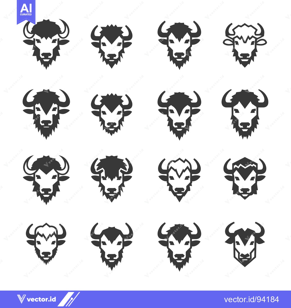 Premium Vector of Set of 16 Black and White Stylized Bull Icons