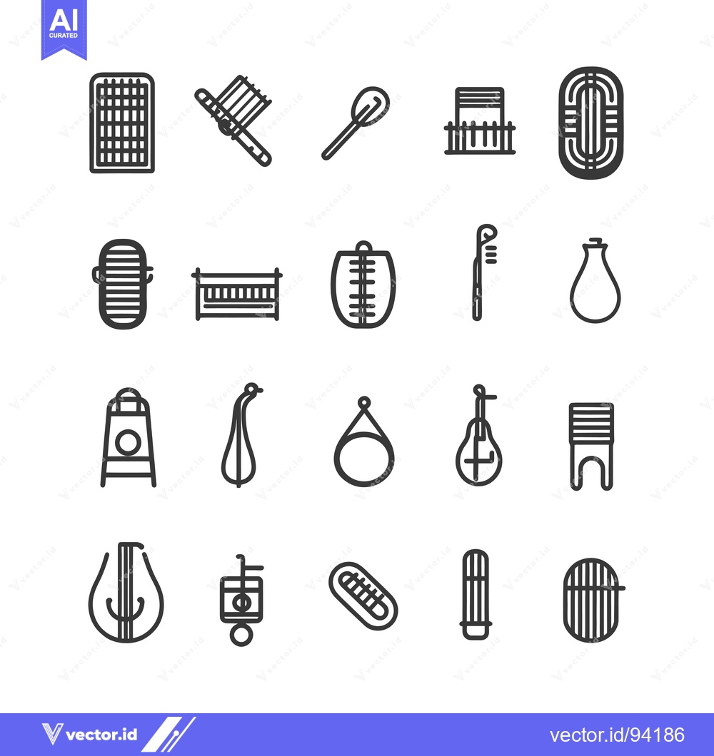 Premium Vector dari Set of 16 Black Line Icons of Musical Instruments