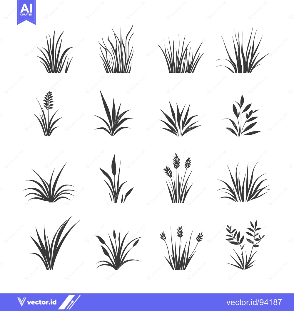 Premium Vector dari Set of 16 Black Silhouette Grass and Weed Icons