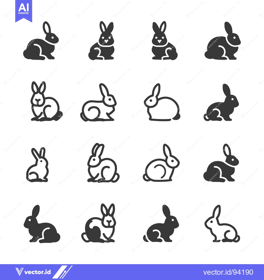 Premium Vector of Set of 16 Bunny Rabbit Icons in Black and White