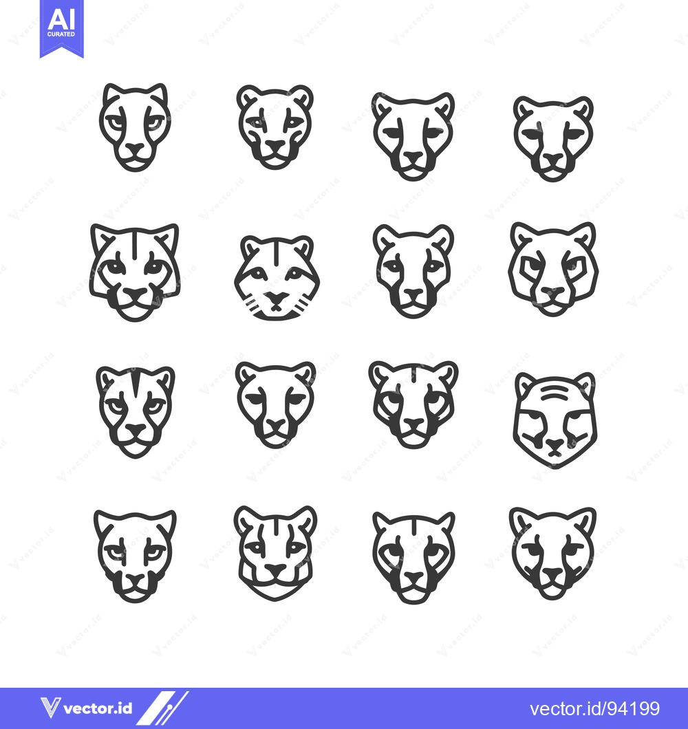 Premium Vector dari Set of 16 Cheetah Head Line Icons