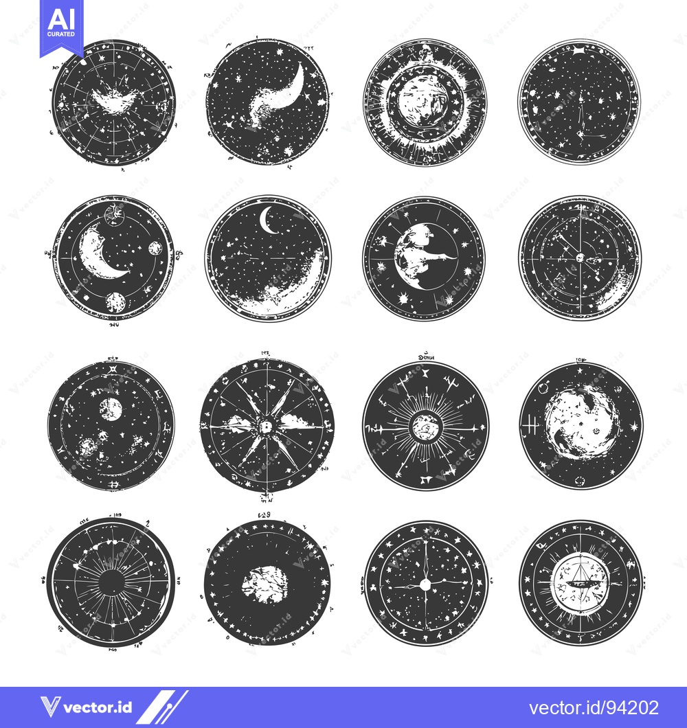 Premium Vector of Set of 16 Circular Designs with Celestial Motifs