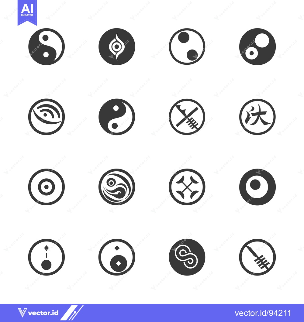 Premium Vector of Set of 16 Circular Yin Yang and Other Chinese Symbols