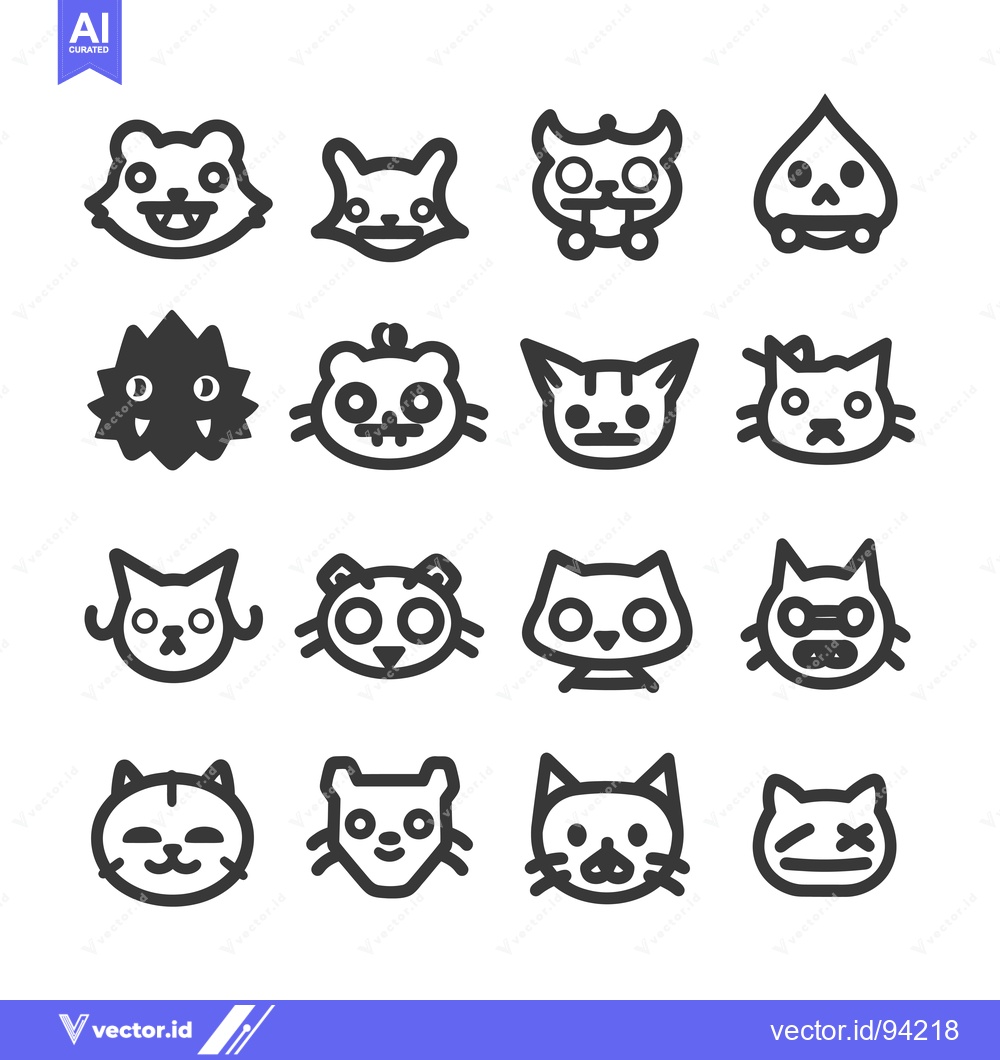 Premium Vector dari Set of 16 Cute Animal Cartoon Faces with Outline Style