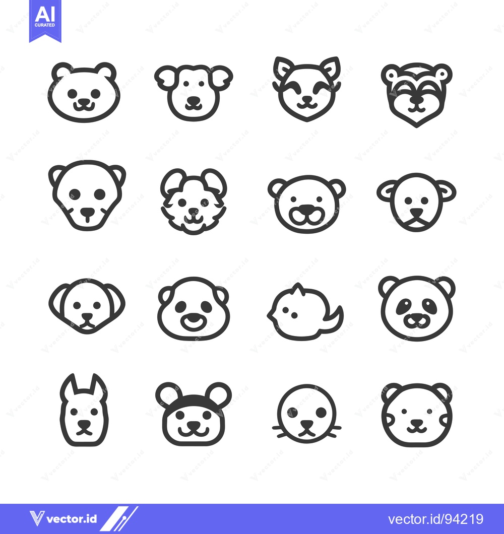 Premium Vector of Set of 16 Cute Animal Faces with Simple Line Art Style