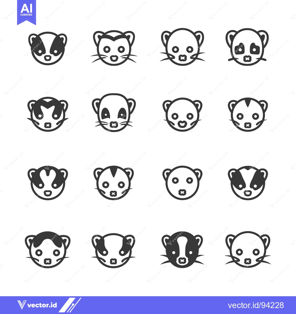 Premium Vector dari Set of 16 Cute Cartoon Ferret Faces in Different Styles