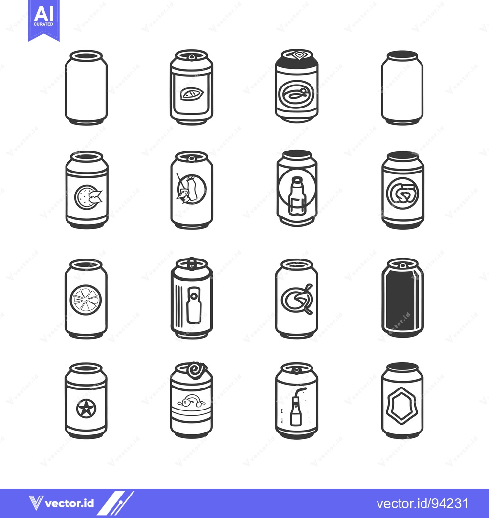 Premium Vector dari Set of 16 Different Black and White Aluminum Cans with Various Designs
