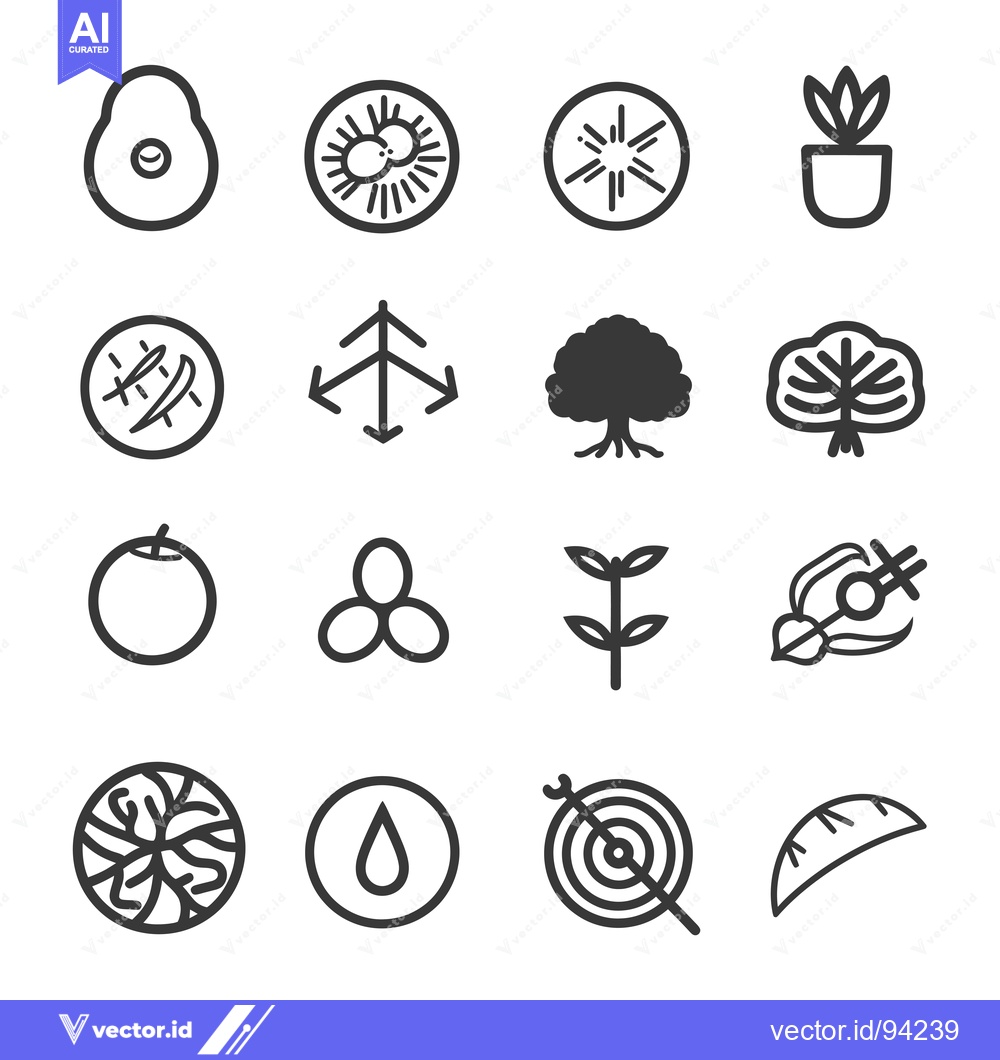 Premium Vector dari Set of 16 Different Nature, Plant, Tree, and Fruit Line Icons