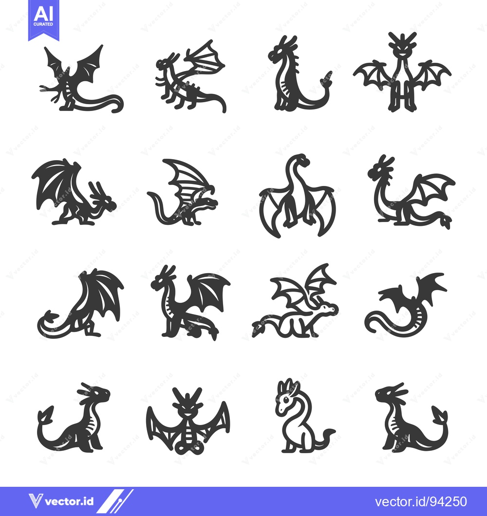 Premium Vector of Set of 16 Dragon Icons with Different Poses