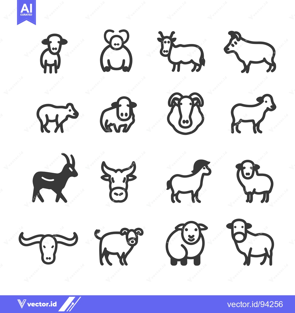 Premium Vector dari Set of 16 Farm Animal Icons: Cows, Sheep, Goats, and Buffalo