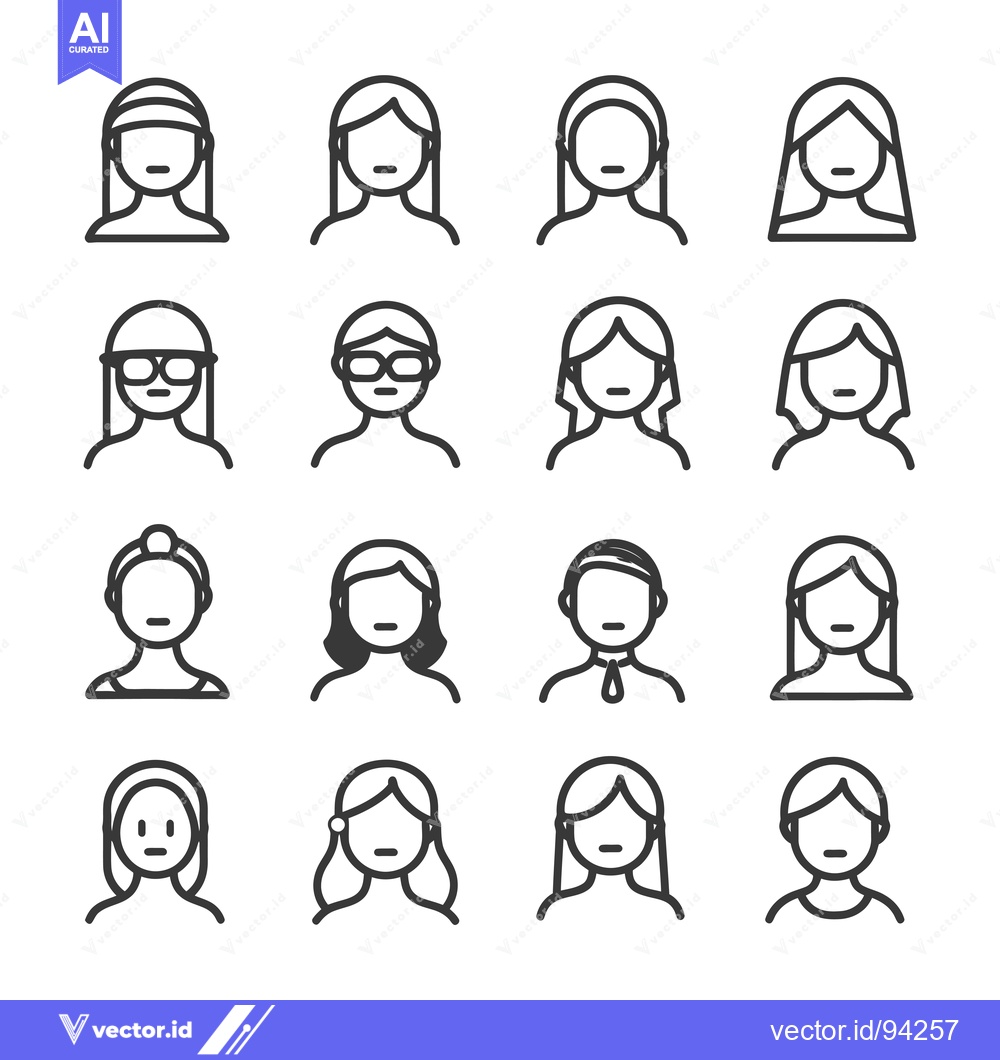 Premium Vector of Set of 16 Female User Profile Icons in Outline Style