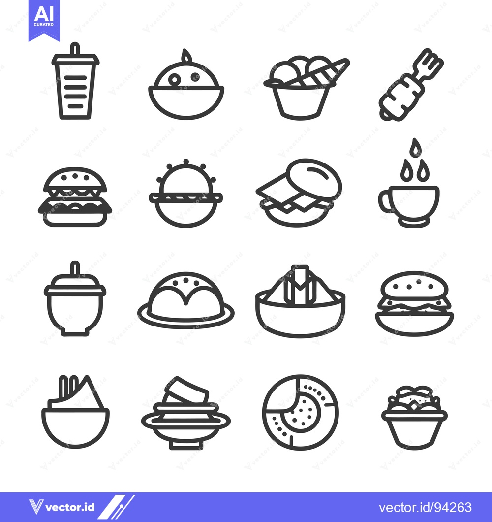 Premium Vector dari Set of 16 Food Icons in Black and White Outline Style