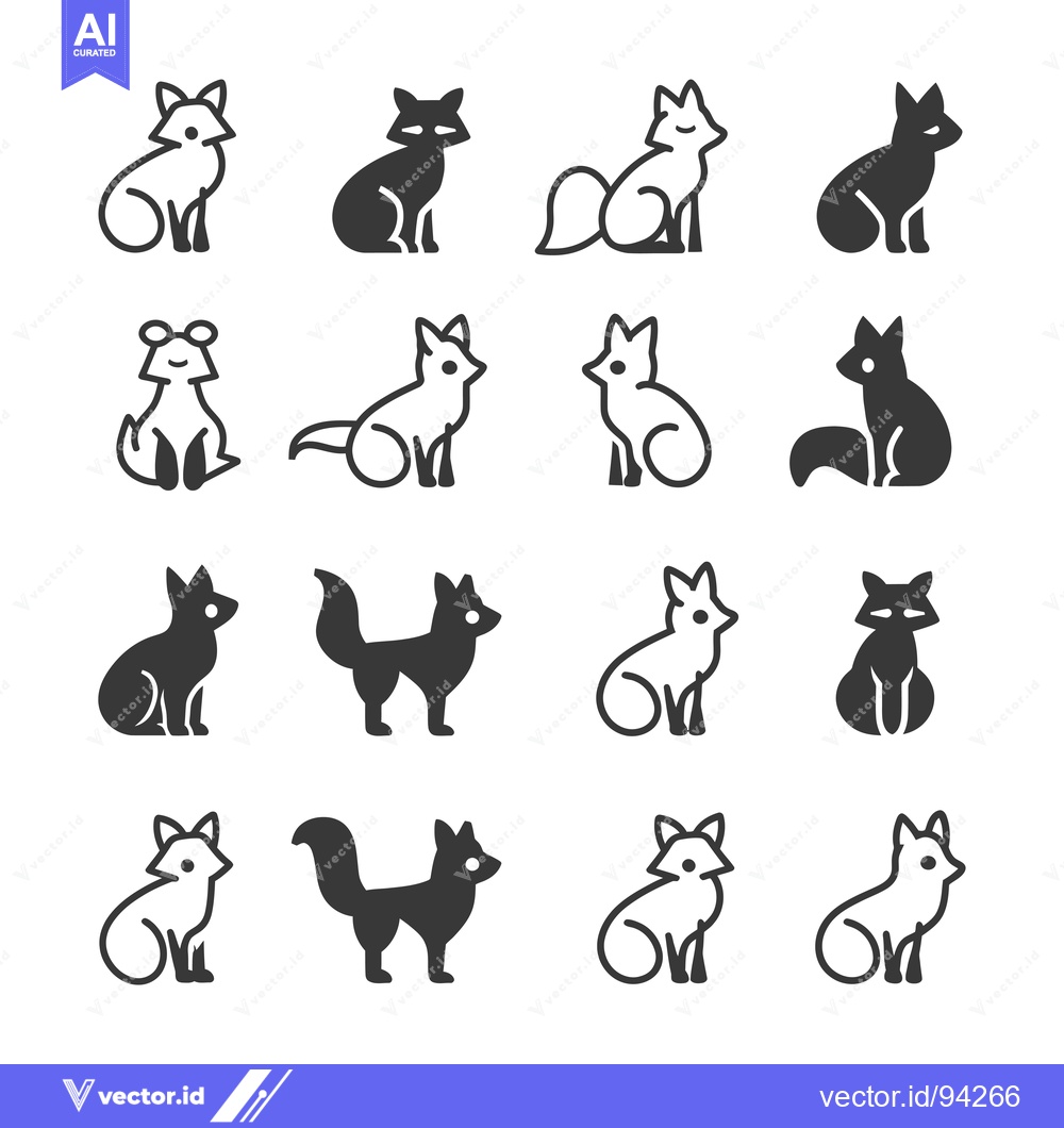 Premium Vector of Set of 16 Fox Icons in Black and White