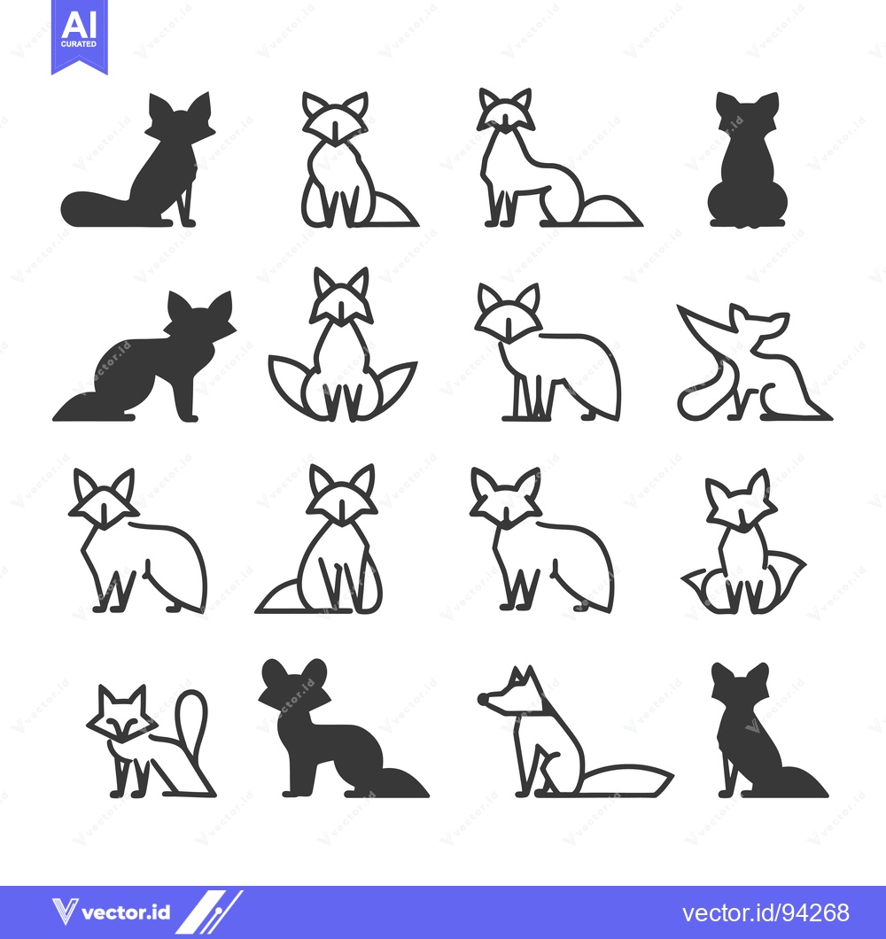 Premium Vector dari Set of 16 Fox Icons in Various Poses, Outline and Solid Styles