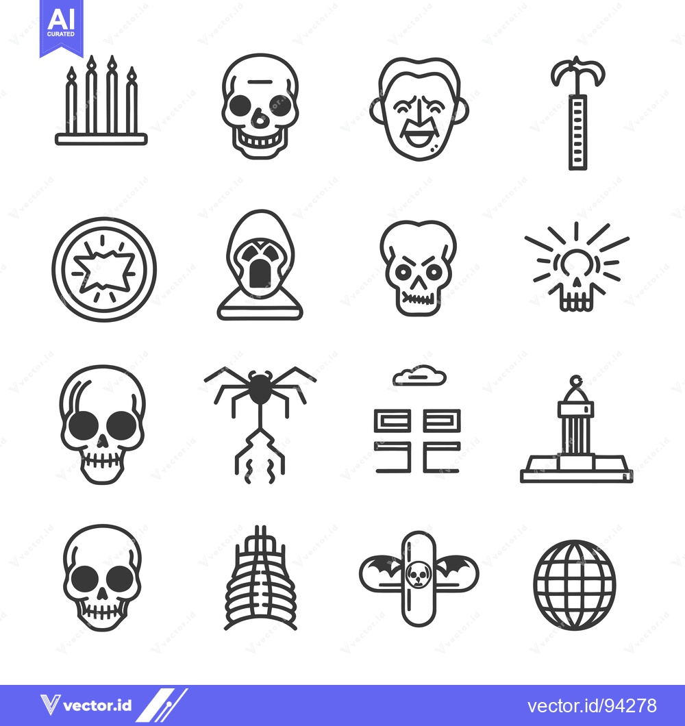Premium Vector dari Set of 16 Halloween Icons Featuring Skulls, Spiders, and Bats