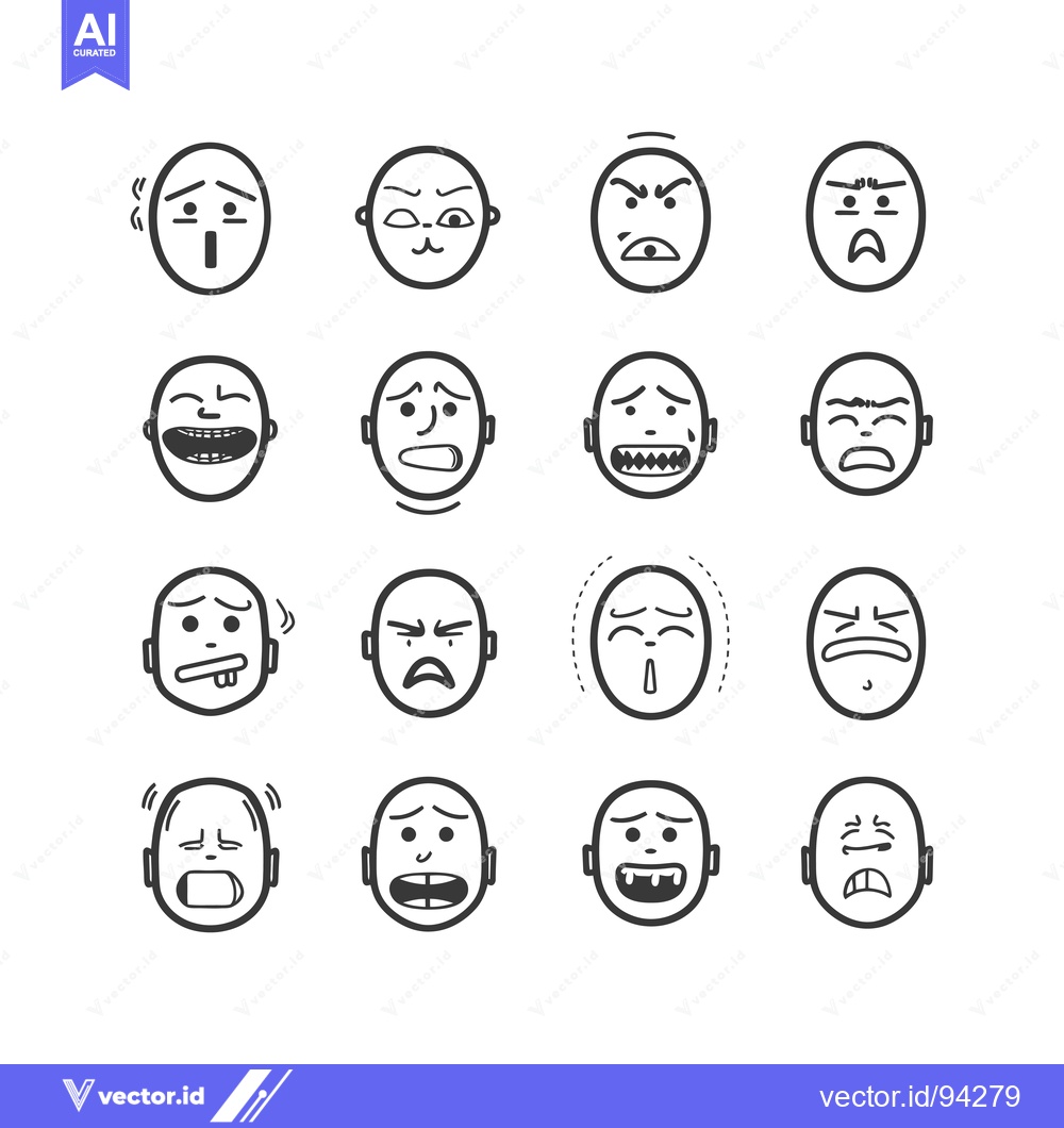 Premium Vector dari Set of 16 Hand-Drawn Black and White Emojis Expressing Different Emoti