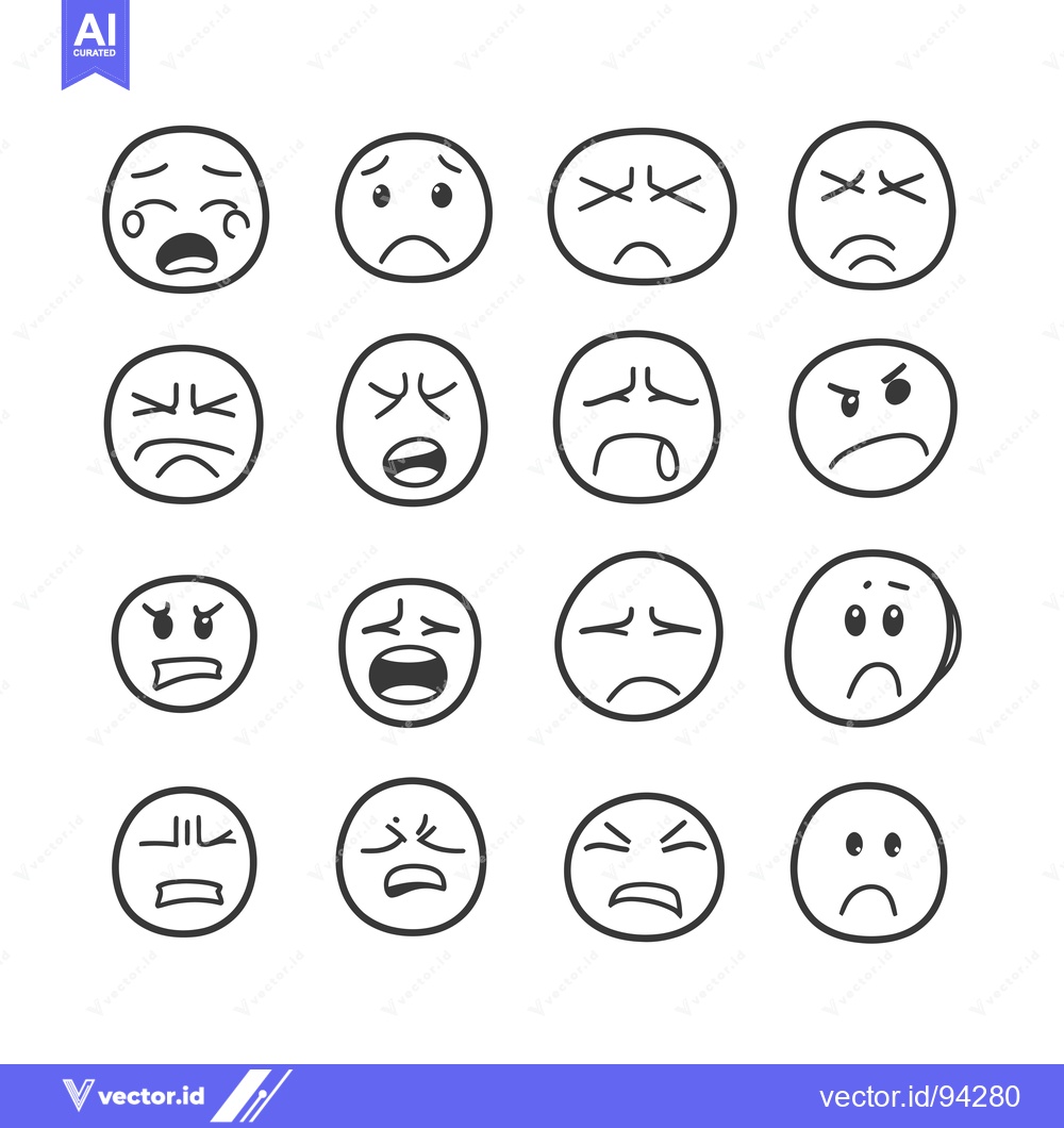 Premium Vector of Set of 16 Hand Drawn Emojis with Negative Emotions