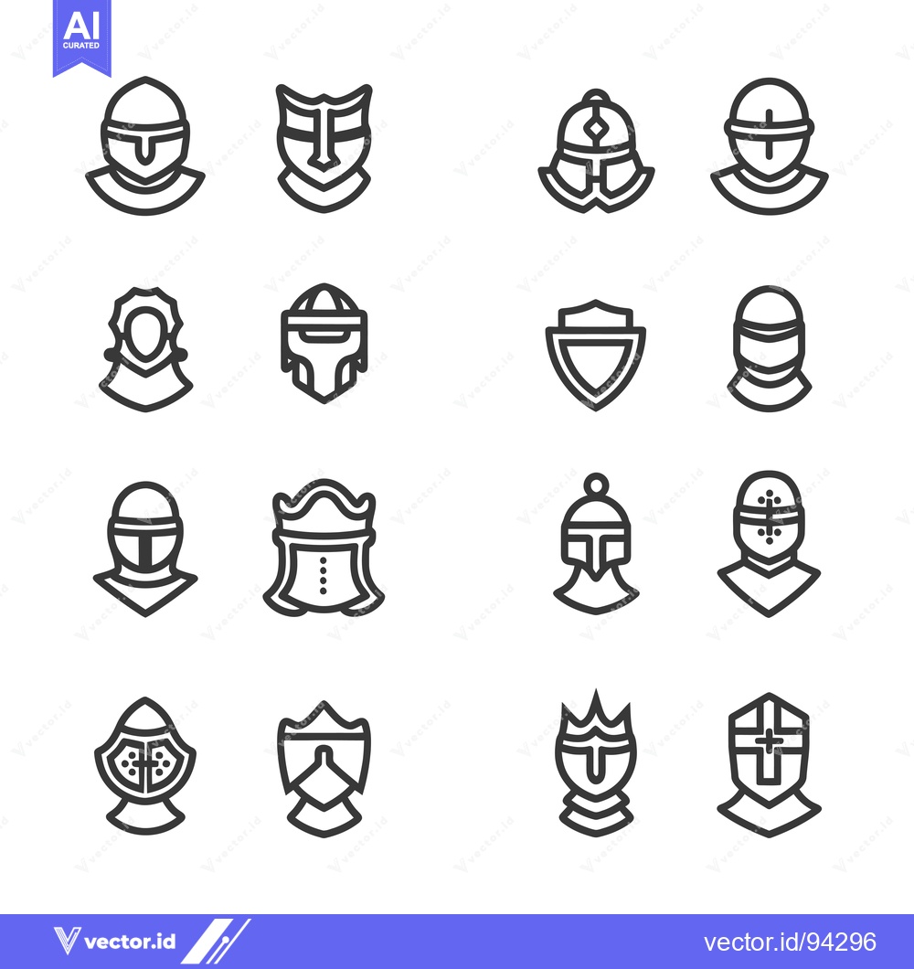 Premium Vector of Set of 16 Knight Helmets and Shields Line Icons