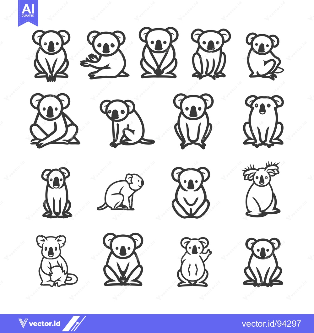 Premium Vector dari Set of 16 Koala Bear Line Icons in Various Poses