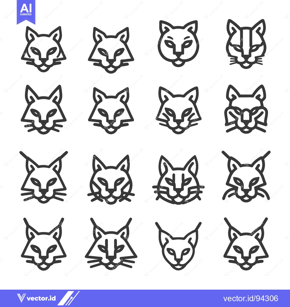 Premium Vector dari Set of 16 Linear Style Lynx Head Icons
