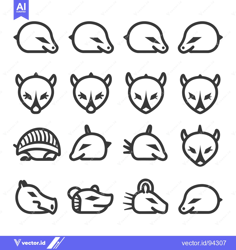 Premium Vector of Set of 16 Line Art Animal Icons, Including Armadillo, Opossum, and Ech