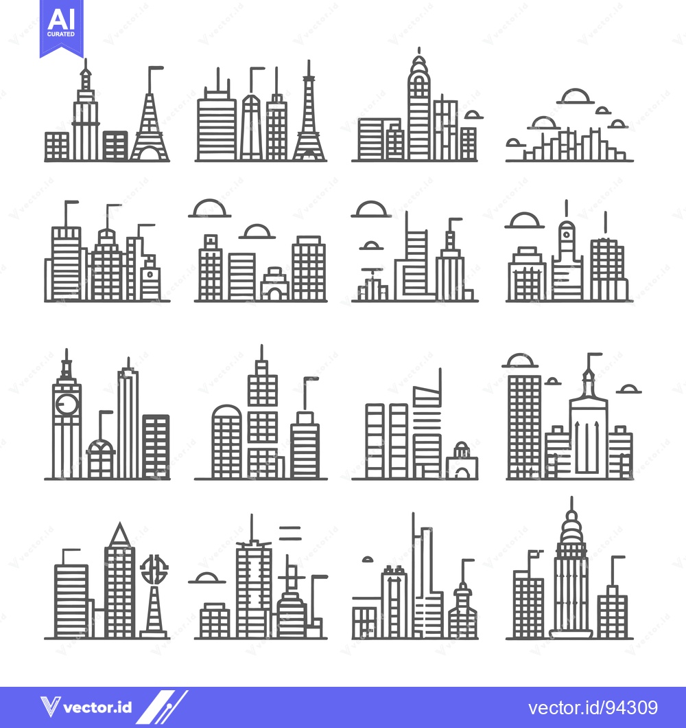 Premium Vector dari Set of 16 Line Art City Skylines with Towers and Buildings