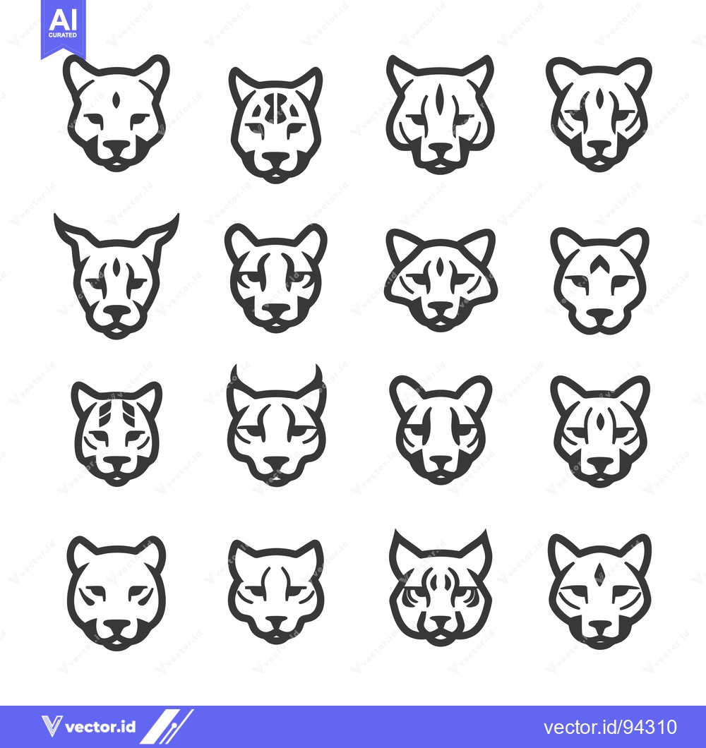 Premium Vector of Set of 16 Line Art Lynx Cat Head Icons
